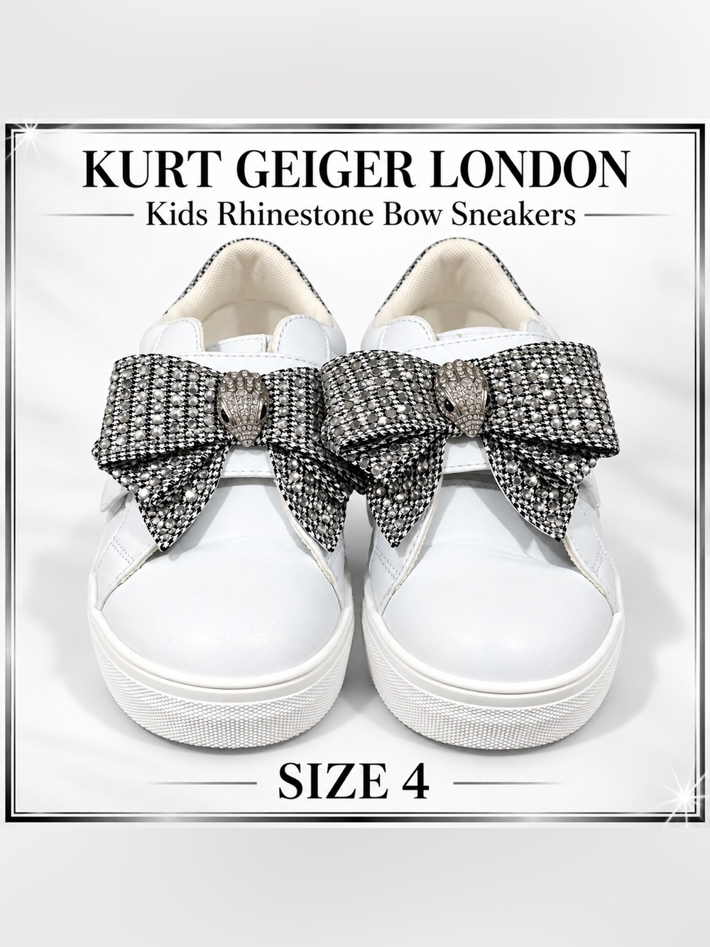 Kurt Geiger Kids White Sneakers with Black & Silver Rhinestone Bow